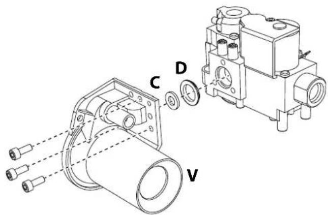 Technical diagram of a mechanical assembly with labeled components C, D, and V