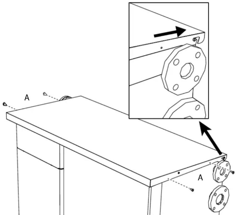 Technical diagram showing a mechanical assembly with labeled components A and an inset view of a flange assembly.