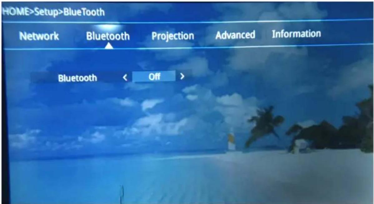 HOME>Setup>BlueTooth Network Bluetooth Projection Advanced Information Bluetooth < Off >