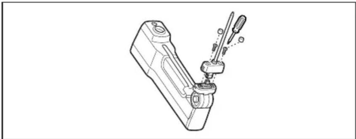 Technical line drawing of a mechanical device with screwdriver and housing (no text or symbols)