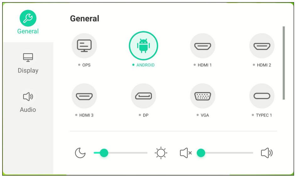 General General Display Audio OPS ANDROID HDMI 1 HDMI 2 HDMI 3 DP VGA TYPEC 1
