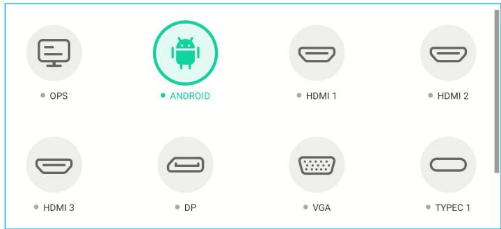 • OPS • ANDROID • HDMI 1 • HDMI 2 • HDMI 3 • DP • VGA • TYPE 1