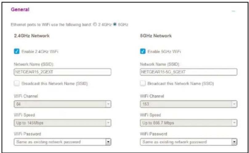 General Ethernet ports to WiFi use the following band: © 2.4GHz 5GHz 2.4GHz Network Enable 2.4GHz WiFi Network Name (SSID): NETGEAR15_2GEXT Broadcast this Network Name (SSID) WiFi Channel 04 WiFi Speed Up to 145Mbps WiFi Password Same as existing network password 5GHz Network Enable 5GHz WiFi Network Name (SSID): NETGEAR15-5G_5GEXT Broadcast this Network Name (SSID) WiFi Channel 153 WiFi Speed Up to 866.7 Mbps WiFi Password Same as existing network password