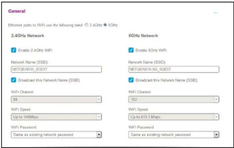 General Ethernet ports to WiFi use the following band: ○ 2.4GHz ● 5GHz 2.4GHz Network Enable 2.4GHz WiFi Network Name (SSID) NETGEAR15_2GEXT Broadcast this Network Name (SSID) WiFi Channel 04 WiFi Speed Up to 145Mbps WiFi Password Same as existing network password 5GHz Network Enable 5GHz WiFi Network Name (SSID): NETGEAR15-5G_5GEXT Broadcast this Network Name (SSID) WiFi Channel 153 WiFi Speed Up to 433.3 Mbps WiFi Password Same as existing network password