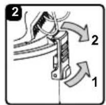 Diagram showing a mechanical device with labeled parts 1 and 2, indicating directional movement or force direction.