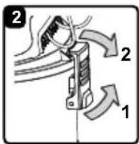 Diagram showing a mechanical device with labeled parts 1 and 2, indicating directional movement or force direction.