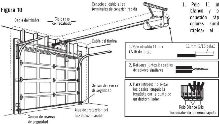 Figura 10 Cable del timbre Cielo raso con acabado Cable del timbre Sensor de reversa de seguridad Area de protección del haz de luz invisible Conelecte el cable a las terminales de conexión rápida 1. Pele 11 mm blanco y b conexión ráp colores simil rápida: el 1. Pele el cable 11 mm (7/16 de pulg.) 11 mm (7/16 pulg.) 2. Retuerza juntos los cables de colores similares 3. Para introducir o soltar los cables, empuje la lengüeta con la punta de un destornillador Rojo Blanco Gris Terminales de conexión rápida