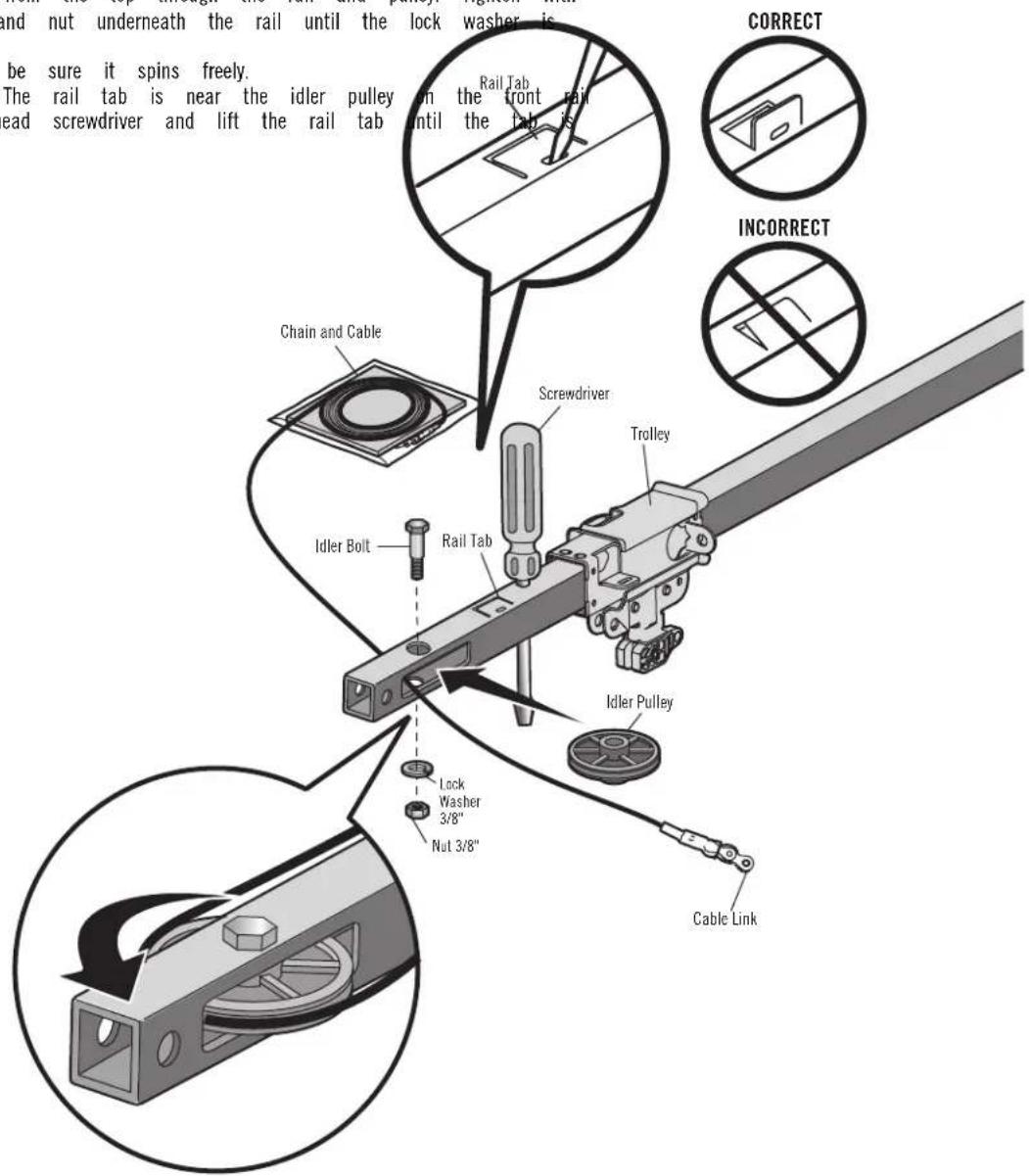 and nut underneath the rail until the lock washer is be sure it spins freely. The rail tab is near the idler pulley on the front rail read screwdriver and lift the rail tab until the tab is CORRECT INCORRECT Chain and Cable Screwdriver Idler Bolt Rail Tab Idler Pulley Lock Washer 3/8" Nut 3/8" Cable Link