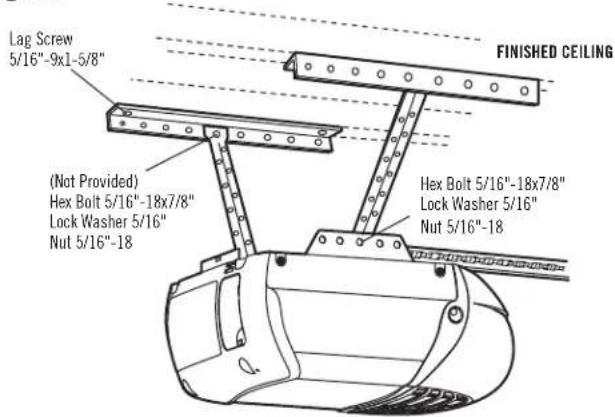 Lag Screw 5/16"-9x1-5/8" (Not Provided) Hex Bolt 5/16"-18x7/8" Lock Washer 5/16" Nut 5/16"-18" FINISHED CEILING Hex Bolt 5/16"-18x7/8" Lock Washer 5/16" Nut 5/16"-18"