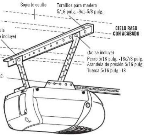 Soporte oculto Tornillos para madera 5/16 pulg. -9x1-5/8 pulg. CIELO RASO CON ACABADO (No se incluye) Perno 5/16 pulg. -18x7/8 pulg. Arandela de presión 5/16 pulg. Tuerca 5/16 pulg. -18