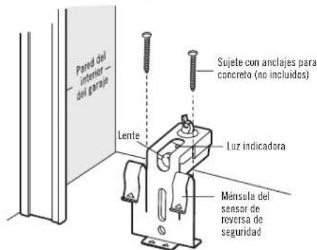 Pared del inferior— del garaje Lente Sujete con anclajes para concreto (no incluidos) Luz indicadora Ménsula del sensor de reversa de seguridad