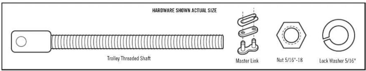 HARDWARE SHOWN ACTUAL SIZE Trolley Threaded Shaft Master Link Nut 5/16"-18 Lock Washer 5/16"