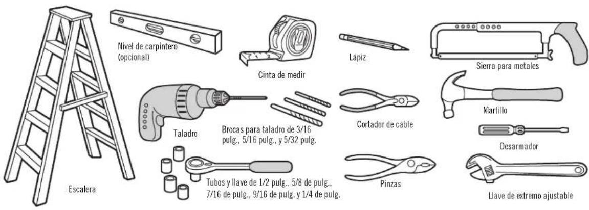 Nivel de carpintero (opcional) Cinta de medir Lápiz Sierra para metales Taladro Brocas para taladro de 3/16 pulg., 5/16 pulg., y 5/32 pulg. Cortador de cable Martillo Desarmador Tubos y llave de 1/2 pulg., 5/8 de pulg.. 7/16 de pulg., 9/16 de pulg. y 1/4 de pulg. Pinzas Llave de extremo ajustable