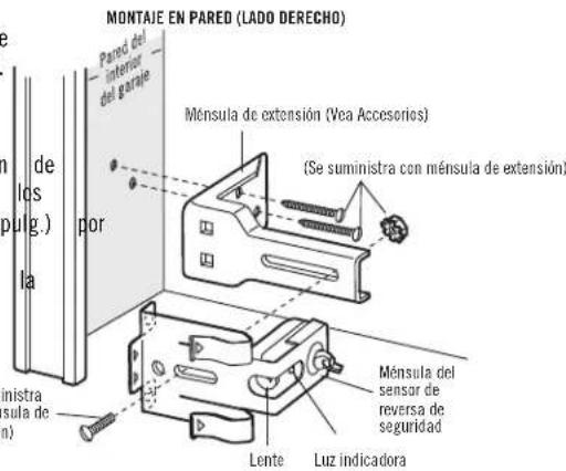 MONTAJE EN PARED (LADO DERECHO) Parod del interior del garaje Ménsula de extensión (Vea Accesorios) (Se suministra con ménsula de extensión) por Ménsula del sensor de reversa de seguridad Lente Luz indicadora ministra sula de (1)