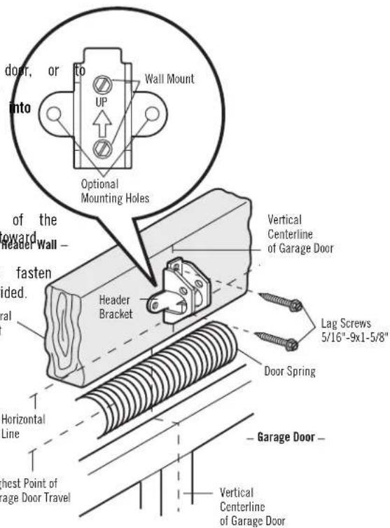 door, or to Wall Mount into UP Optional Mounting Holes of the ward header Wall - fasten ided. al Header Bracket Vertical Centerline of Garage Door Lag Screws 5/16"-9x1-5/8" Door Spring Horizontal Line Garage Door - hest Point of page Door Travel Vertical Centerline of Garage Door