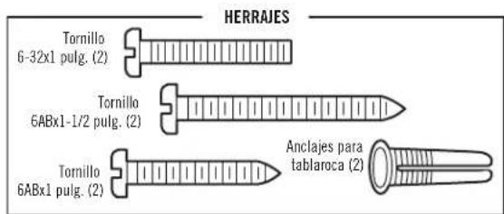 HERRAJES Tornillo 6-32x1 pulg. (2) Tornillo 6ABx1-1/2 pulg. (2) Tornillo 6ABx1 pulg. (2) Anclajes para tablaroca (2)