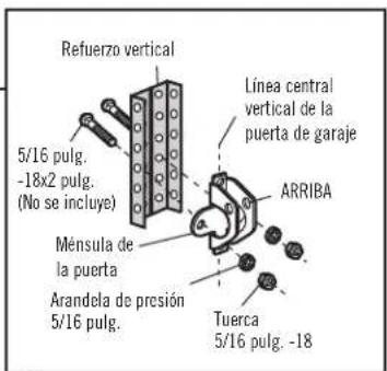 Refuerzo vertical 5/16 pulg. -18x2 pulg. (No se incluye) Ménsula de la puerta Arandela de presión 5/16 pulg. Tuerca 5/16 pulg. -18 Línea central vertical de la puerta de garaje ARRIBA