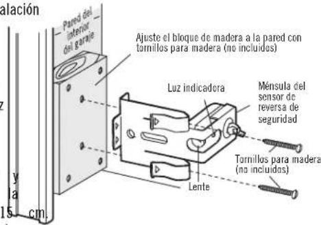 Alación Pared del interior del graaje Ajuste el bloque de madera a la pared con tornillos para madera (no incluidos) Luz indicadora Ménsula del sensor de reversa de seguridad Tornillos para madera (no incluidos) Lente