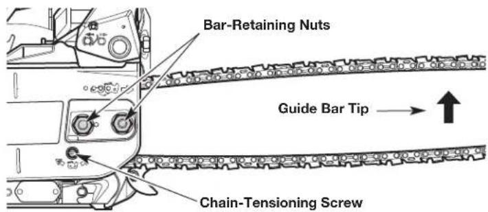 Bar-Retaining Nuts Guide Bar Tip → Chain-Tensioning Screw