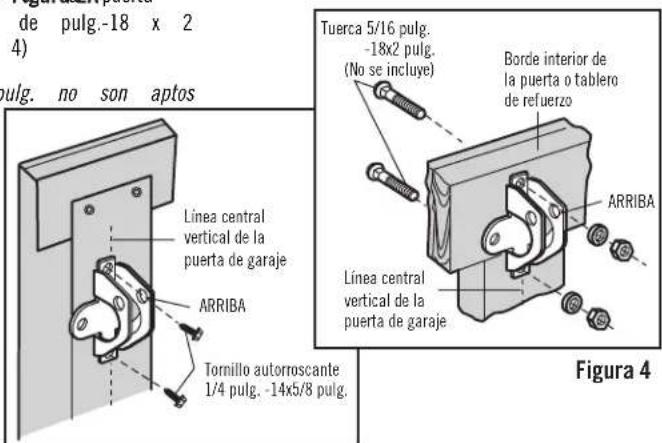 de pulg.-18 x 2 4) pulg. no son aptos Tuerca 5/16 pulg. -18x2 pulg. (No se incluye) Borde interior de la puerta o tablero de refuerzo ARRIBA Línea central vertical de la puerta de garaje ARRIBA Línea central vertical de la puerta de garaje Tornillo autorroscante 1/4 pulg. -14x5/8 pulg. Figura 4