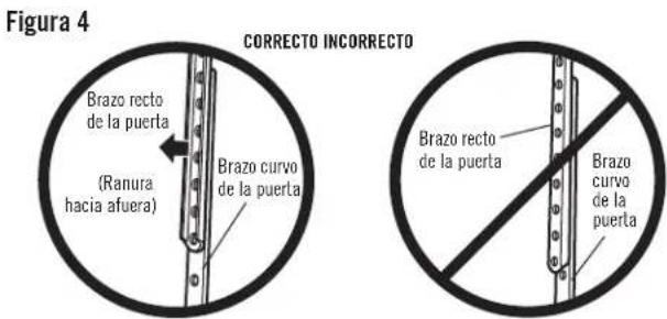 Figura 4 CORRECTO INCORRECTO Brazo recto de la puerta (Ranura hacia afuera) Brazo curvo de la puerta Brazo recto de la puerta Brazo curvo de la puerta