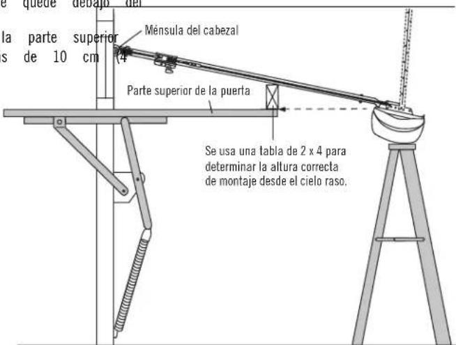 quede debajo del la parte superior s de 10 cm Ménsula del cabezal Parte superior de la puerta Se usa una tabla de 2 x 4 para determinar la altura correcta de montaje desde el cielo raso.