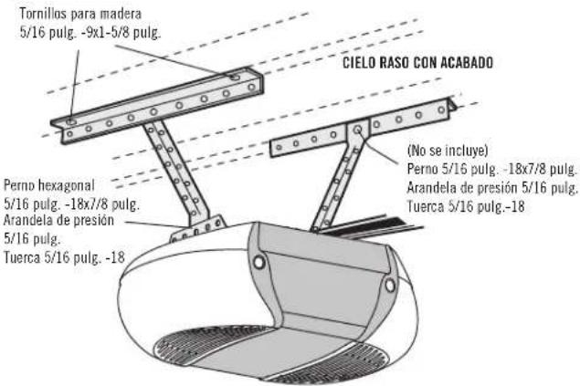 Tornillos para madera 5/16 pulg. -9x1-5/8 pulg. CIELO RASO CON ACABADO Perno hexagonal 5/16 pulg. -18x7/8 pulg. Arandela de presión 5/16 pulg. Tuerca 5/16 pulg. -18 (No se incluye) Perno 5/16 pulg. -18x7/8 pulg. Arandela de presión 5/16 pulg. Tuerca 5/16 pulg.-18