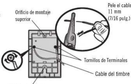 Orificio de montaje superior Pele el cable 11 mm (7/16 pulg.) Tornillos de Terminales Cable del timbre