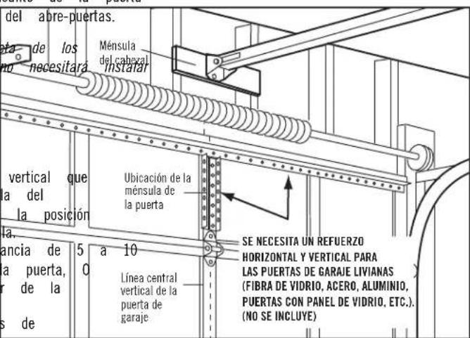 del abre-puertas. eta de los no necesitará Ménsula del cabexal instalar vertical que ta del la posición la. ancia de la puerta, r de la s de 5 a 10 Línea central vertical de la puerta de garaje Ubicación de la ménsula de la puerta SE NECESITA UN REFUERZO HORIZONTAL Y VERTICAL PARA LAS PUERTAS DE GARAJE LIVIANAS (FIBRA DE VIDRIO, ACERO, ALUMINIO, PUERTAS CON PANEL DE VIDRIO, ETC.). (NO SE INCLUYE)
