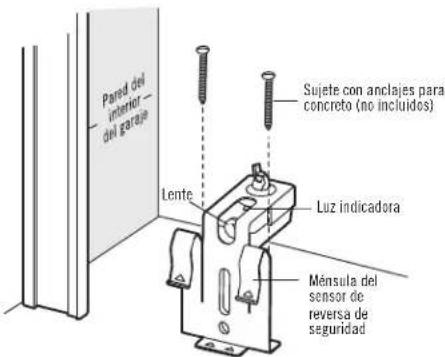 Pared del interior del garaje Lente Sujete con anclajes para concreto (no incluidos) Luz indicadora Ménsula del sensor de reversa de seguridad