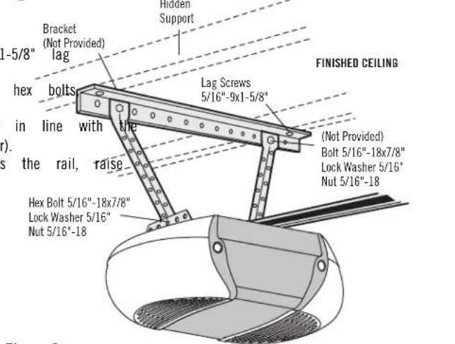 Bracket (Not Provided) lag Hidden Support hex bolts in line with the the rail, raise Hex Bolt 5/16"-18x7/8" Lock Washer 5/16" Nut 5/16"-18 Lag Screws 5/16"-9x1-5/8" (FINISHED CEILING) (Not Provided) Bolt 5/16"-18x7/8" Lock Washer 5/16" Nut 5/16"-18