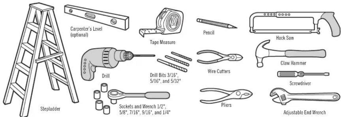 Carpenter's Level (optional) Tape Measure Pencil Hack Saw Drill Drill Bits 3/16", 5/16", and 5/32" Wire Cutters Claw Hammer Screwdriver Sockets and Wrench 1/2", 5/8", 7/16", 9/16", and 1/4" Pliers Adjustable End Wrench