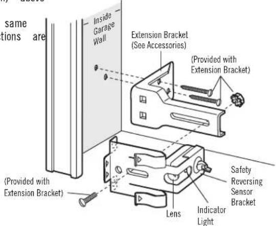 same tions are Inside Garage Wall Extension Bracket (See Accessories) (Provided with Extension Bracket) (Provided with Extension Bracket) Lens Indicator Light Safety Reversing Sensor Bracket
