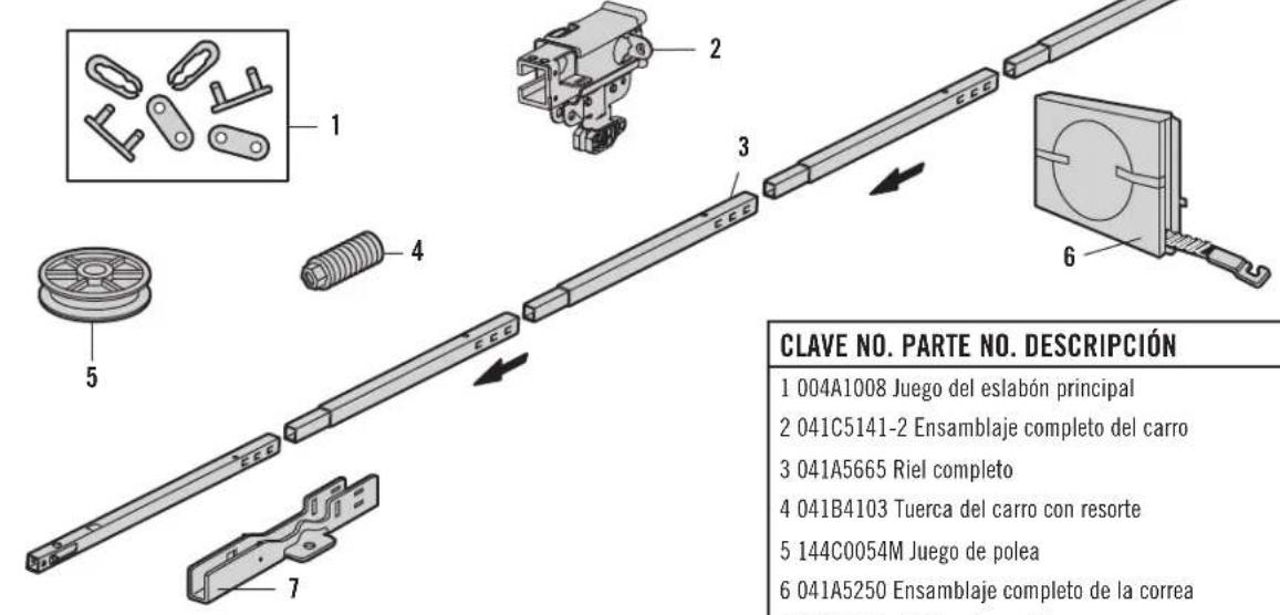 CLAVE NO. PARTE NO. DESCRIPCIÓN 1 004A1008 Juego del eslabón principal 2 041C5141-2 Ensamblaje completo del carro 3 041A5665 Riel completo 4 041B4103 Tuerca del carro con resorte 5 144C0054M Juego de polea 6 041A5250 Ensamblaje completo de la correa
