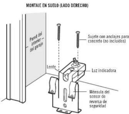 MONTAIE EN SUELO (LADO DERECHO) Pared del interior del garaje Sujete con anclajes para concreto (no incluidos) Lente Luz indicadora Ménsula del sensor de reversa de seguridad