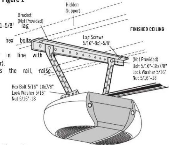 Figure 2 -5/8" Bracket (Not Provided) lag Hidden Support hex bolts in line with the the the Lag Screws 5/16"-9x1-5/8" (FINISHED CEILING) (Not Provided) Bolt 5/16"-18x7/8" Lock Washer 5/16" Nut 5/16"-18" Hex Bolt 5/16"-18x7/8" Lock Washer 5/16" Nut 5/16"-18"