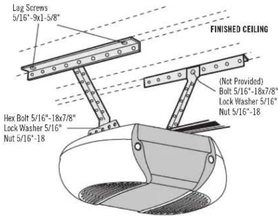 Lag Screws 5/16"-9x1-5/8" FINISHED CEILING Hex Bolt 5/16"-18x7/8" Lock Washer 5/16" Nut 5/16"-18 (Not Provided) Bolt 5/16"-18x7/8" Lock Washer 5/16" Nut 5/16"-18
