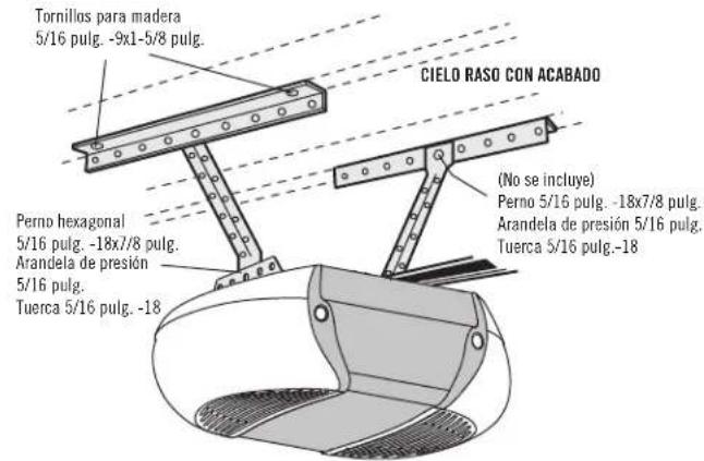 Tornillos para madera 5/16 pulg. -9x1-5/8 pulg. CIELO RASO CON ACABADO Perno hexagonal 5/16 pulg. -18x7/8 pulg. Arandela de presión 5/16 pulg. Tuerca 5/16 pulg. -18 (No se incluye) Perno 5/16 pulg. -18x7/8 pulg. Arandela de presión 5/16 pulg. Tuerca 5/16 pulg.-18
