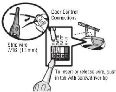 Door Control Connections Strip wire 7/16" (11 mm) RED WHITE WHITE GRAY To insert or release wire, push in tab with screwdriver tip