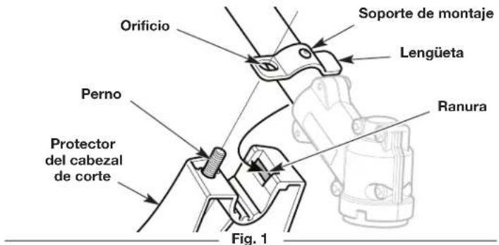 Orificio Soporte de montaje Lengüeta Perno Protector del cabezal de corte Ranura Fig. 1