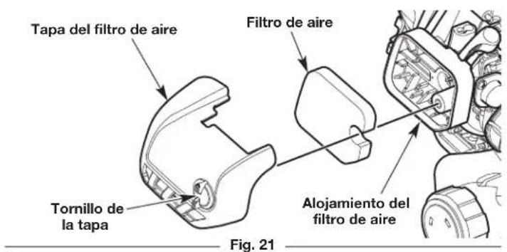 Tapa del filtro de aire Filtro de aire Tornillo de la tapa Alojamiento del filtro de aire Fig. 21