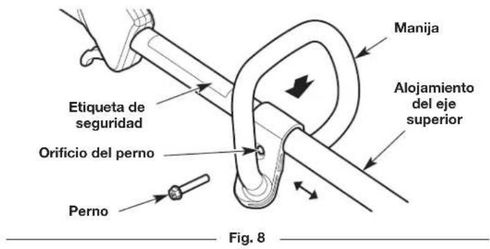 Manija Alojamiento del eje superior Etiqueta de seguridad Orificio del perno Perno Fig. 8