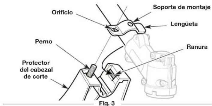 Orificio Soporte de montaje Lengüeta Perno Protector del cabezal de corte Ranura Fig. 3