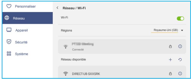 Personnaliser Réseau Appareil Sécurité Système Réseau / Wi-Fi Wi-Fi Régions Royaume-Uni (GB) FT100 Meeting Connecté Réseau disponible DIRECT-U8-SXXSRK