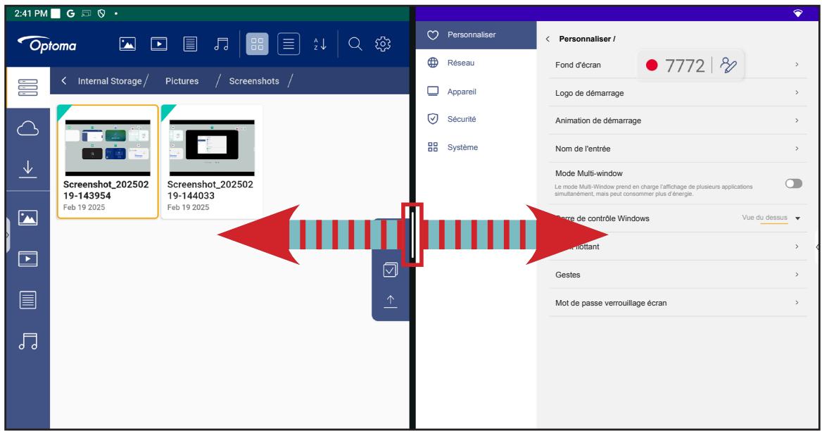 2:41 PM Optoma Internal Storage / Pictures / Screenshots / Screenshot_202502 19-143954 Feb 19 2025 Screenshot_202502 19-144033 Feb 19 2025 Personnaliser Réseau Appareil Sécurité Système Personnaliser / Fond d'écran 7772 Logo de démarrage Animation de démarrage Nom de l'entrée Mode Multi-window Le mode Multi-Window prend en charge l'affichage de plusieurs applications simultanément, mais peut consommer plus d'énergie. Vue du dessus Gestes Mot de passe verrouillage écran