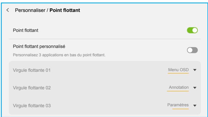 Personnaliser / Point flottant Point flottant Point flottant personnalisé Personnalisez 3 applications en bas du point flottant. Virgule flottante 01 Menu OSD Virgule flottante 02 Annotation Virgule flottante 03 Paramètres