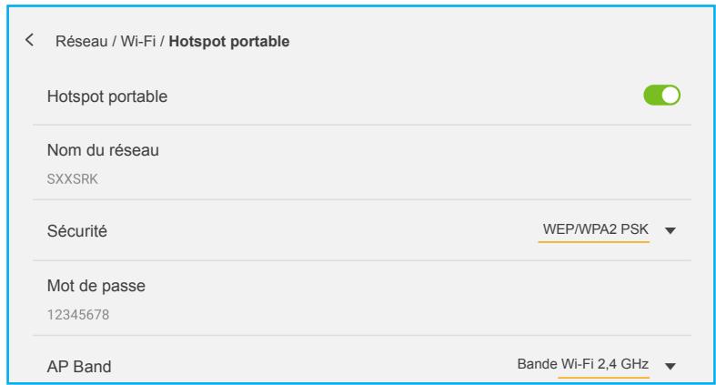 Réseau / Wi-Fi / Hotspot portable Hotspot portable Nom du réseau SXXSRK Sécurité WEP/WPA2 PSK Mot de passe 12345678 AP Band Bande Wi-Fi 2,4 GHz