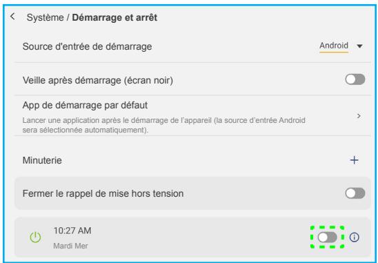 Système / Démarrage et arrêt Source d'entrée de démarrage Android Veille après démarrage (écran noir) App de démarrage par défaut Lancer une application après le démarrage de l'appareil (la source d'entrée Android sera sélectionnée automatiquement). Minuterie + Fermer le rappel de mise hors tension 10:27 AM Mardi Mer