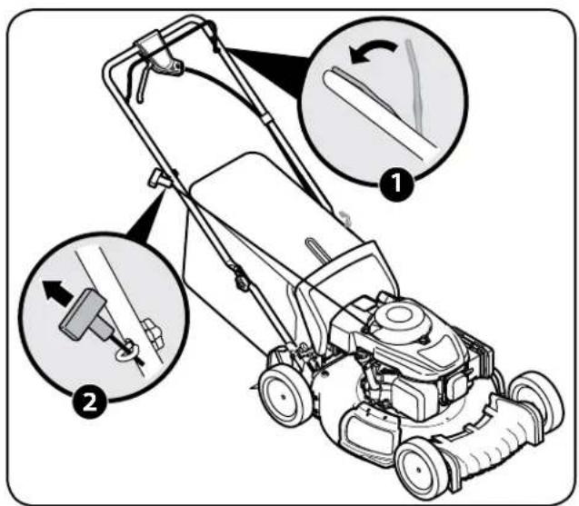 Diagram of a lawn mower with labeled parts and directional arrows indicating tool movement or repair instructions.