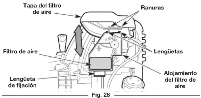 Tapa del filtro de aire Ranuras Filtro de aire Lengüetas Lengüeta de fijación Alojamiento del filtro de aire Fig. 28